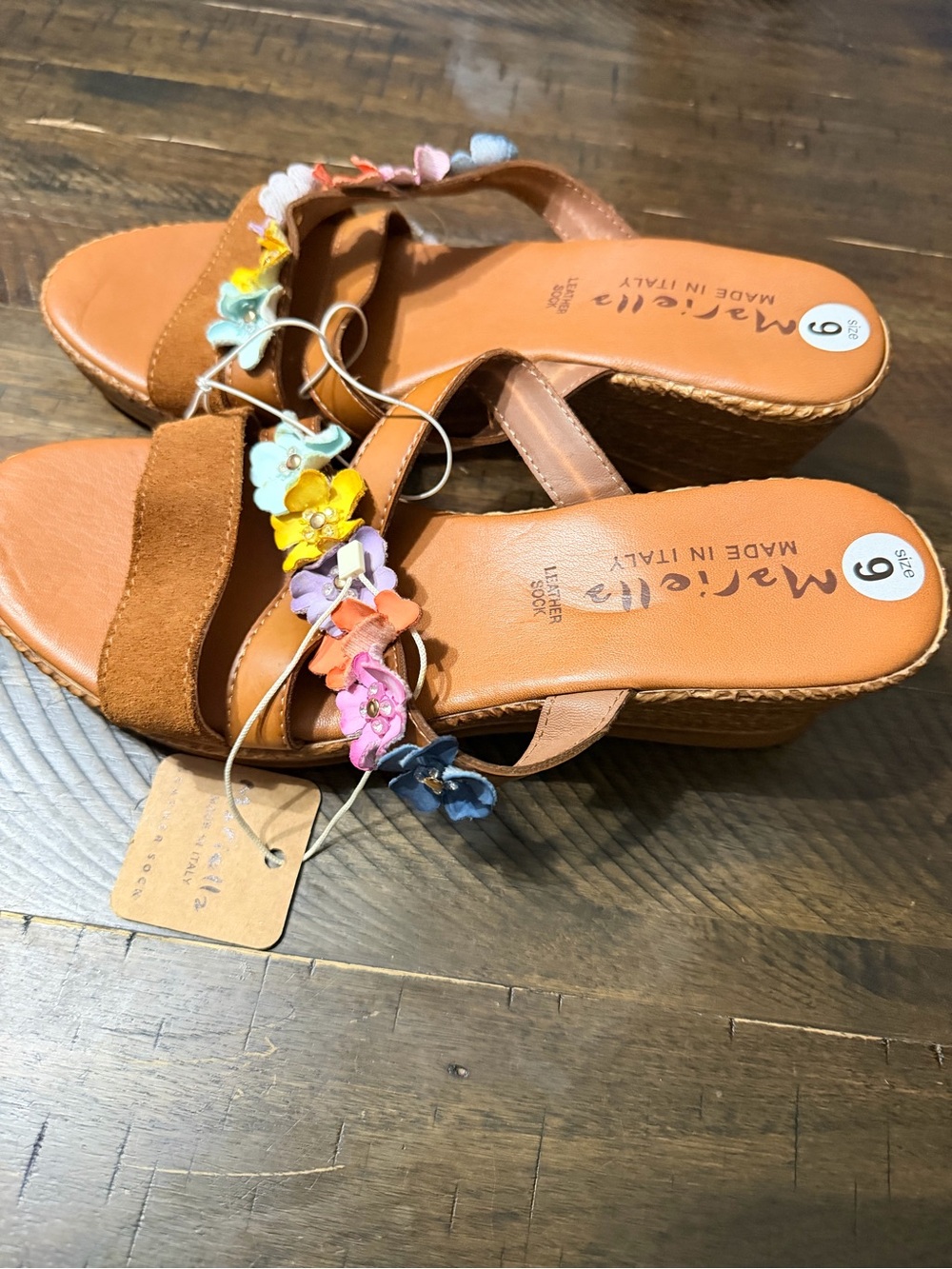 Maricelli Tan Leather Slide Sandals with Multicolor Floral Trim - Picture 3 of 4